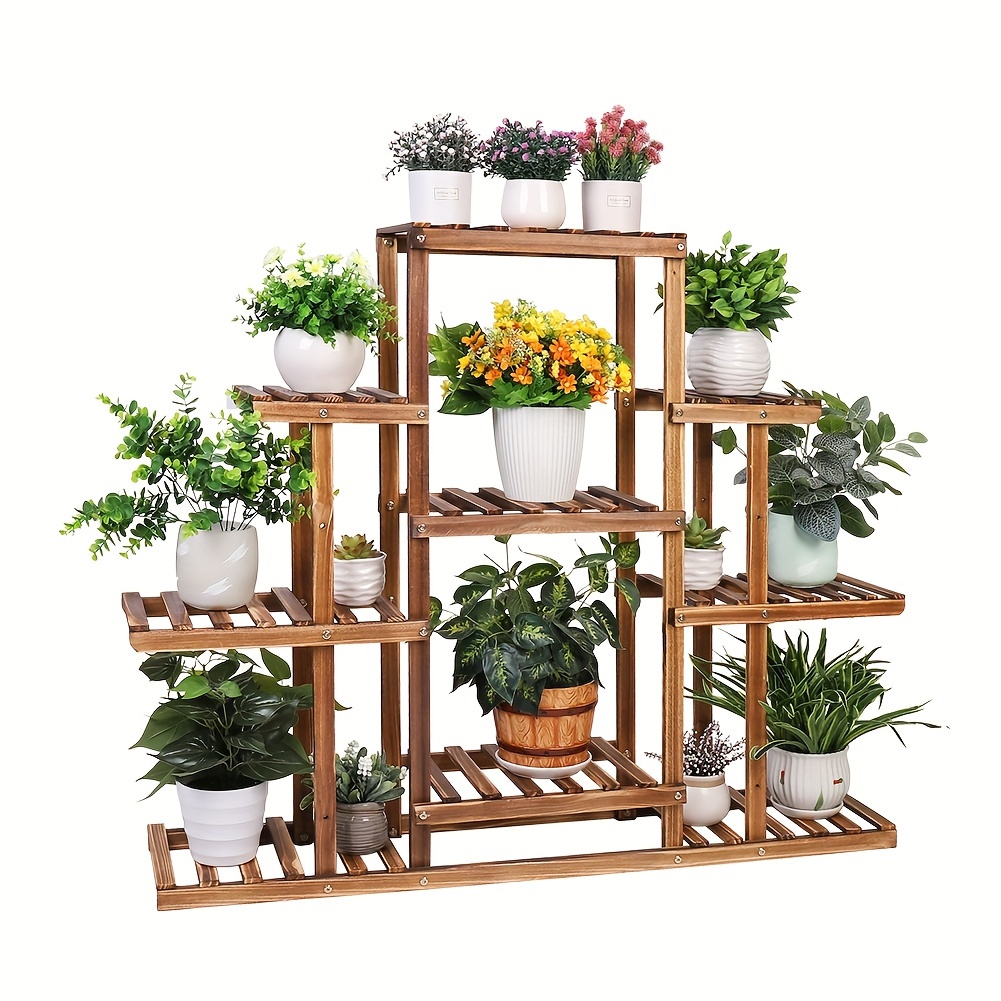Image of A Beautiful Wooden Stand For Plants, Displaying Your Indoor Or Outdoor Garden. This Multi-level Shelf Is Designed To Hold Plants And Flowers, Measuring 45.3"x9.8"x38".