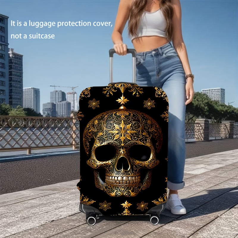 TEMU 1pc Luggage Cover With Golden Skull Pattern, Dustproof Elastic Travel Accessory For Spinner Luggage - Cover Only, Suitcase Not Included, Elastic
