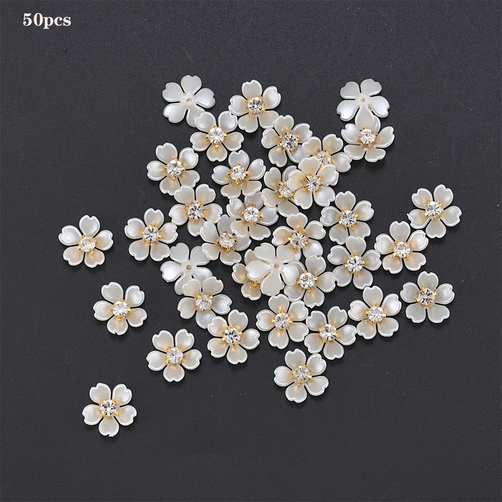 50pcs Ywli Elegant White & Golden Plastic Flowers With Sparkling Accents - Double-layer Craft Accessories For Jewelry Making, Shoe Decoration, And Home Decor, Flower Decorations