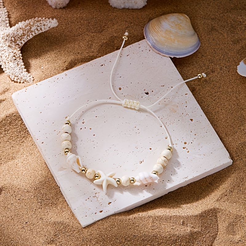 TEMU Elegant Boho Style Beach Accessory Set - Starfish & Turtle Charm Bracelets, Turquoise & White Beaded Necklaces, & Festive Celebrations, Festive