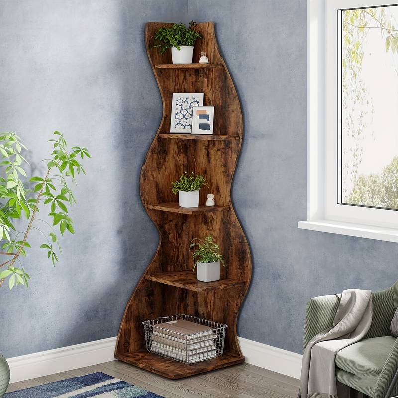 Libreria Angolare NHZ In Legno 4 Livelli – Colore Marrone – Scaffale Per Piante E Libri