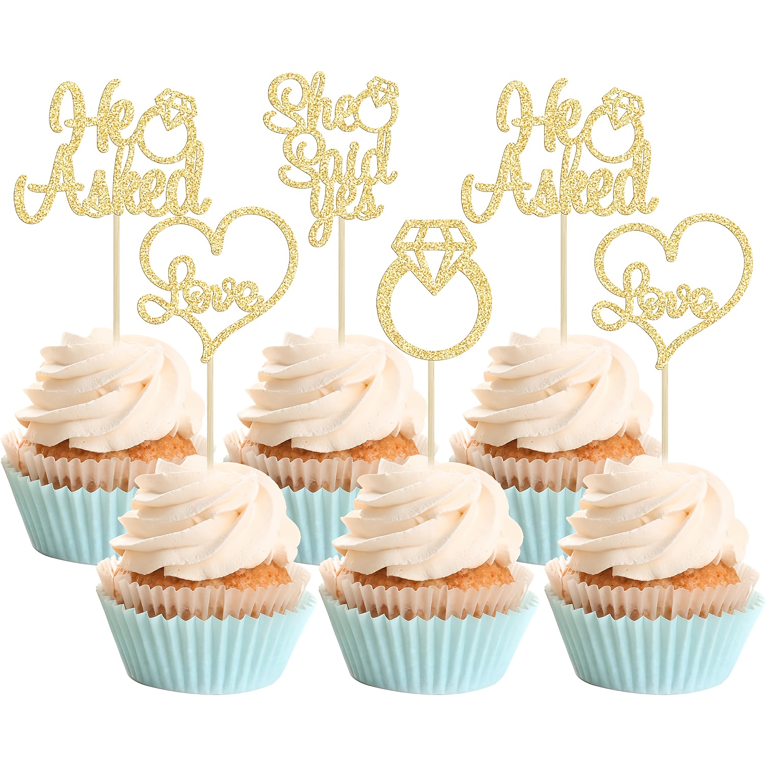 Image of Set Of 24 Cupcake Toppers Featuring Golden Glitter Designs Of A Diamond Ring And Heart, Perfect For Wedding And Engagement Celebrations, Halloween, Christmas