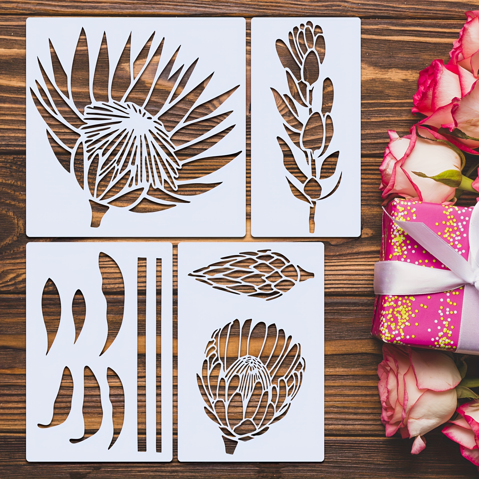 

Large Flower Stencils Set - 4 Reusable Protea Flower And Leaf Painting Templates - Ideal For Garden Fence, Wall, And Furniture Decor - Creamy White Plastic Stencils & Templates
