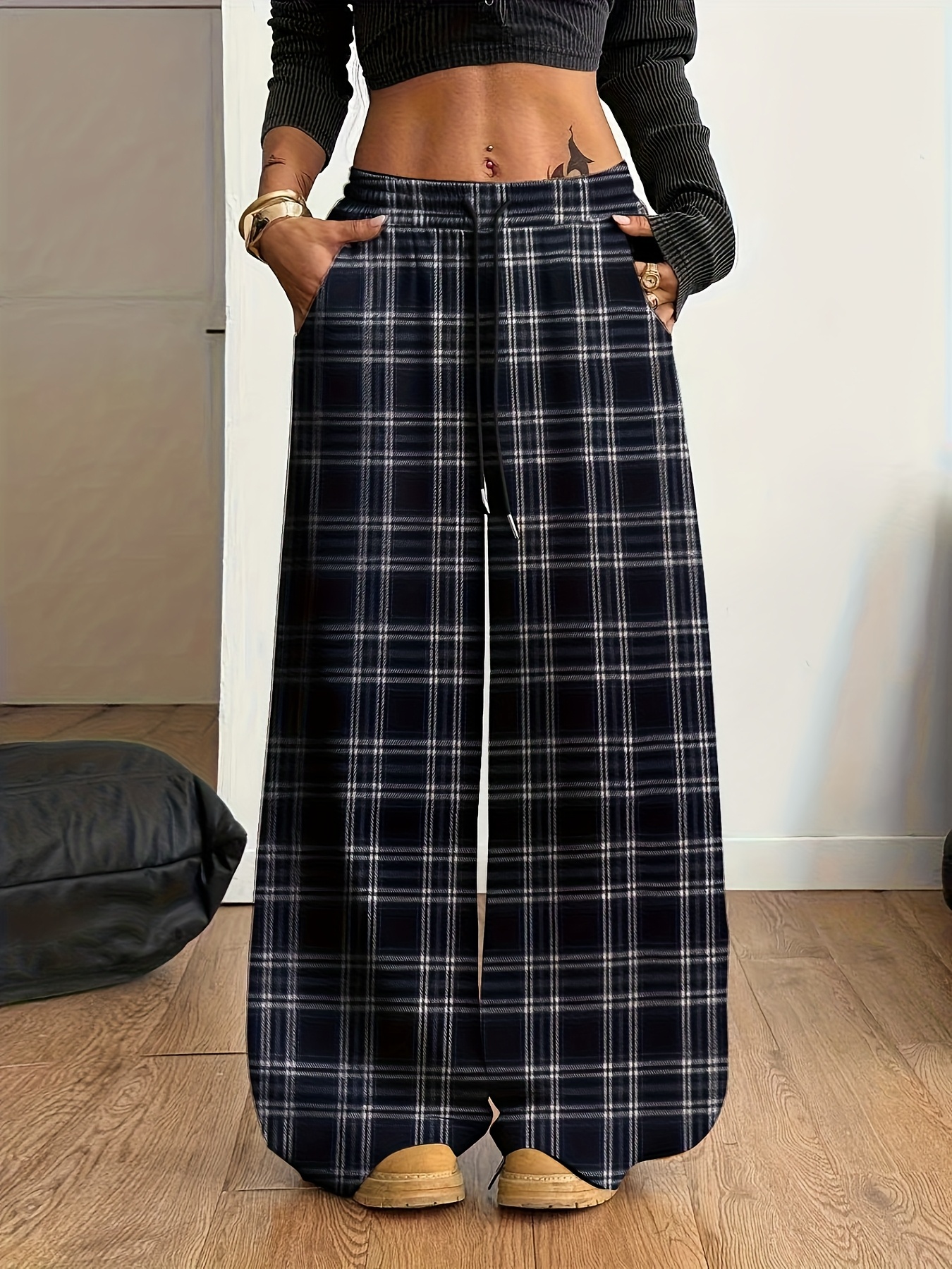 womens elegant wide leg pants checkered trousers Temu Nigeria
