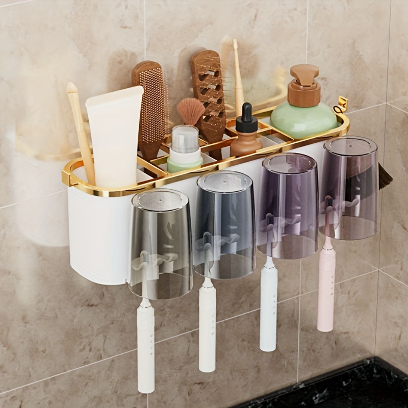 

Space-saving Wall-mounted Toothbrush & Toothpaste Holder With Gargle Cups - No Battery Needed, Scent-free Bathroom Organizer Toothbrush And Toothpaste Holder Electric Toothbrush Rechargeable