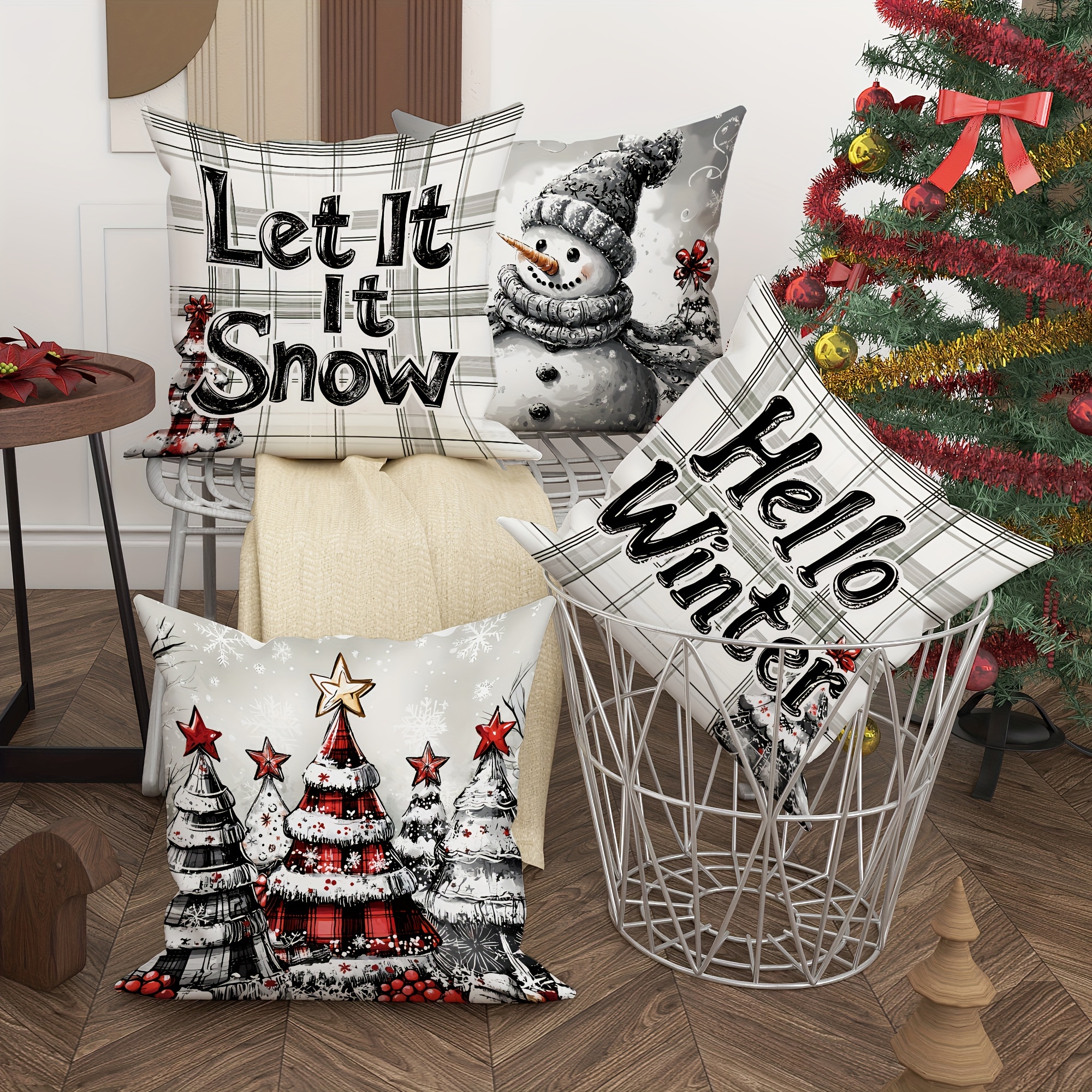 Bonhause Merry Christmas Throw Pillow Covers – 18x18 Inch, Set Of 4, Velvet, Xmas Tree & Snowflake Design