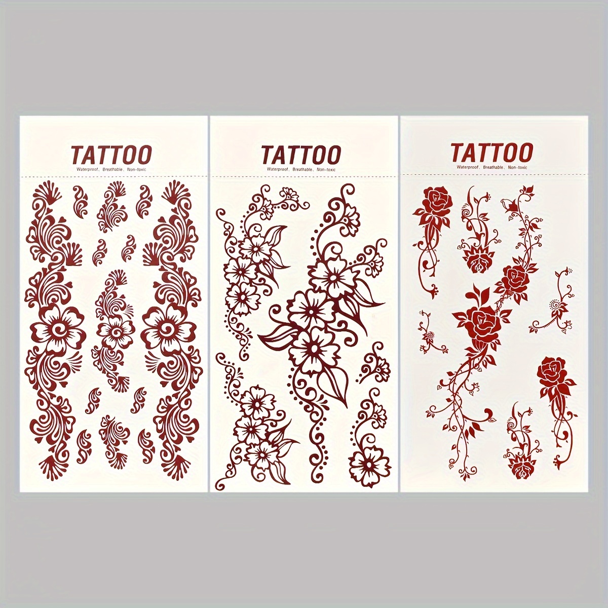 Image of 3 Sheets Of Floral Tattoo Stickers - , Water Transfer, Temporary Tattoo Stickers, Long-lasting, Suitable For Hands And Fingers, , Perfect For Women's Parties And Wedding Body Art Makeup