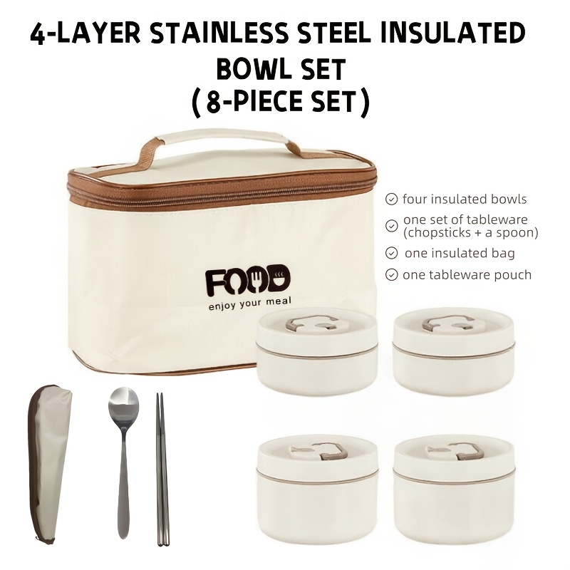TEMU Set Of 8 Stainless Steel Insulated Bowls, Perfect For Outdoor Lunches, Featuring 4 Reusable Bowls That Are Portable For School, Work, Camping,