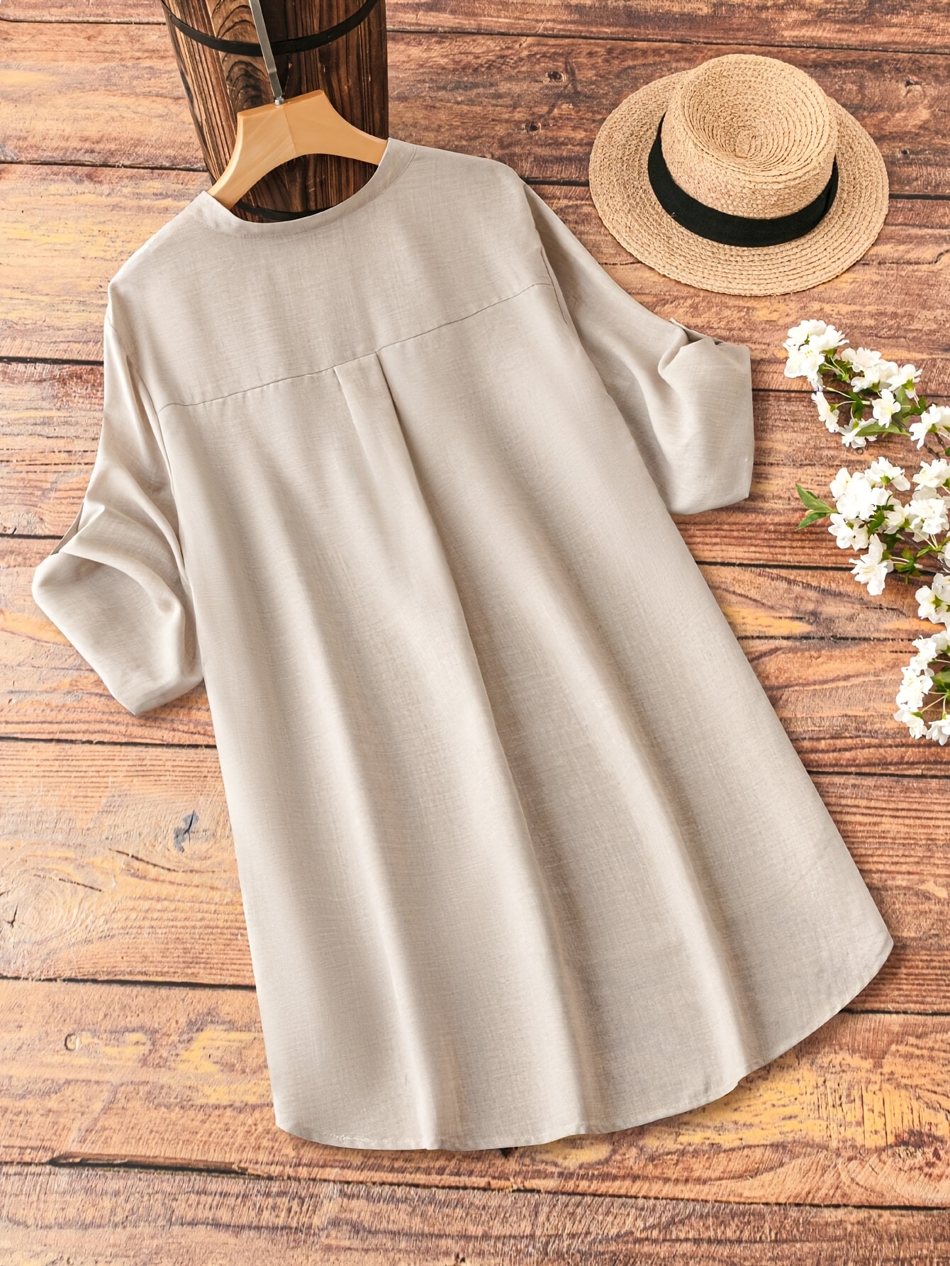 Plus Size Casual V-Neck Sleeveless Blouse with Fake Buttons - Beige, Asymmetrical Hem, Long-Sleeve, Non-Stretch Fabric, Perfect for Spring/Summer, Casual Attire|Vneck Blouse|Asymmetrical Hemline, Plus Size Shirts