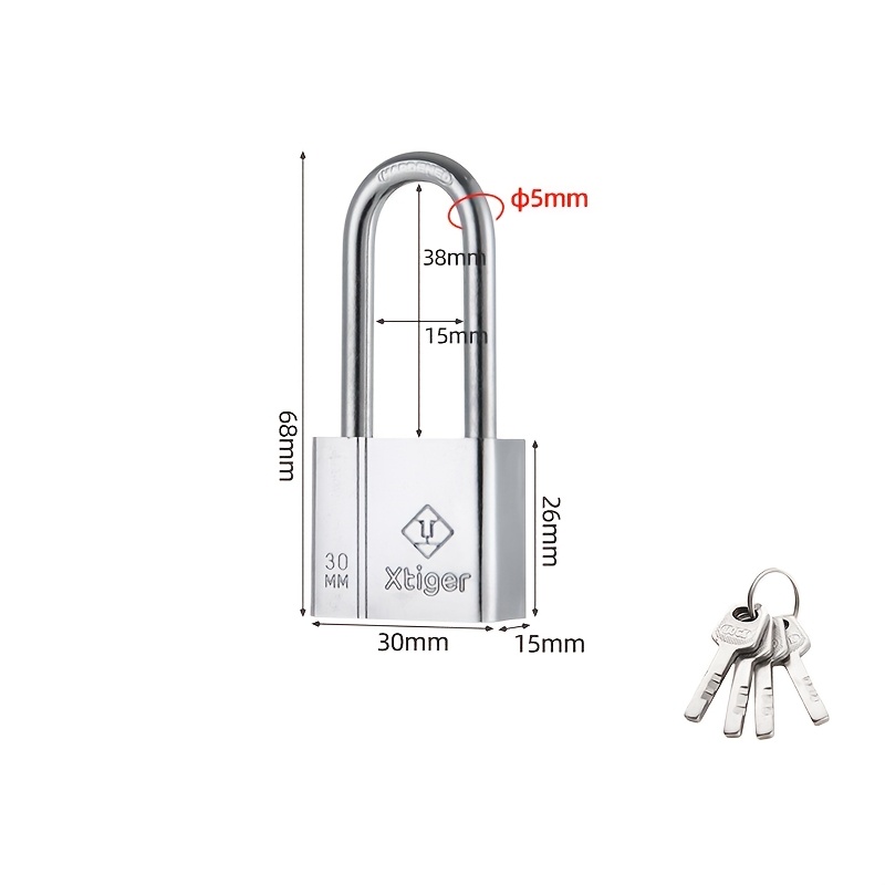 TEMU 1 Stainless Steel Anti-theft Padlock, With 4 Keys, Extra-long Shackle, Suitable For Home Door Locks, Square Blade Padlocks, Cabinet Door Locks,