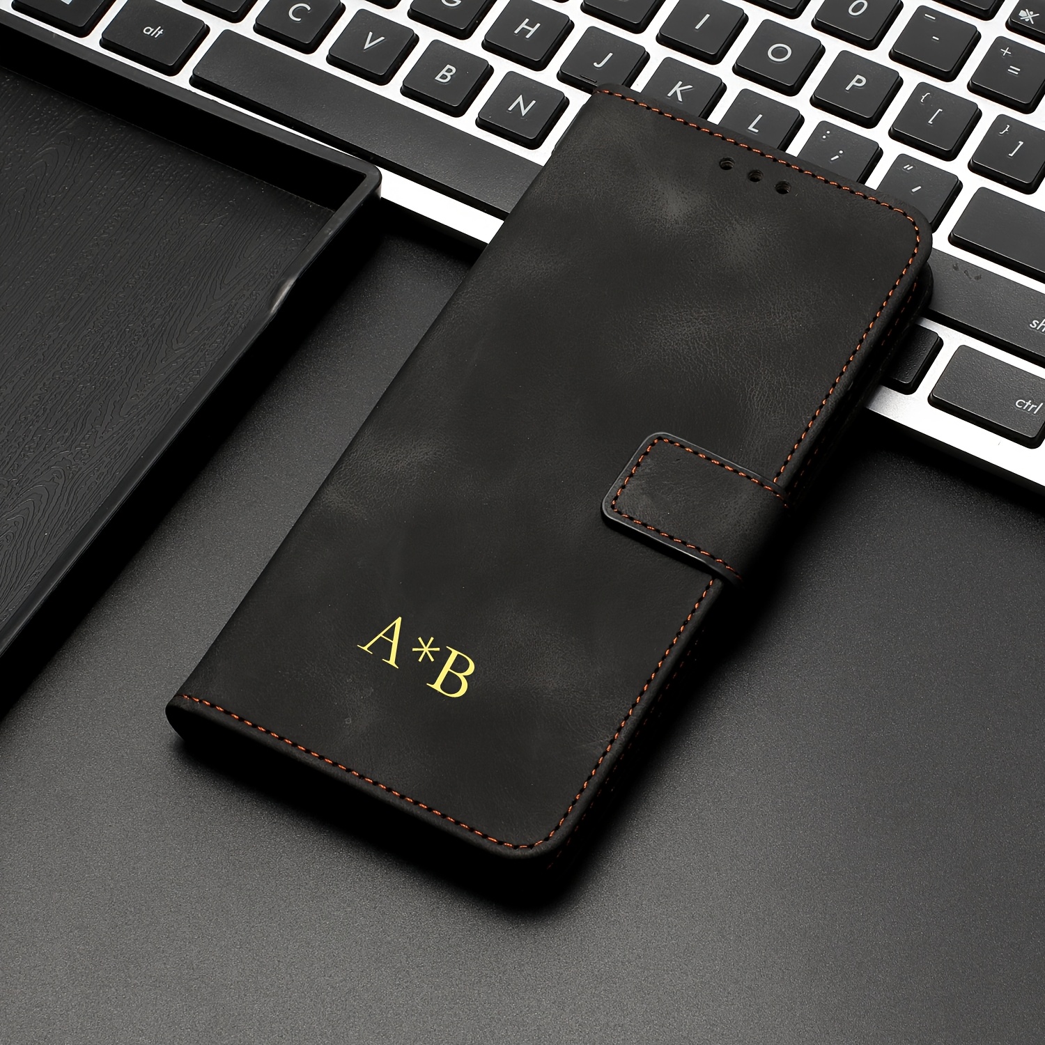TEMU Phone Case - Personalized Faux Leather Phone Cover For Galaxy Series, Featuring Embossed Name Initials, A Magnetic Wallet Design With Card Slots