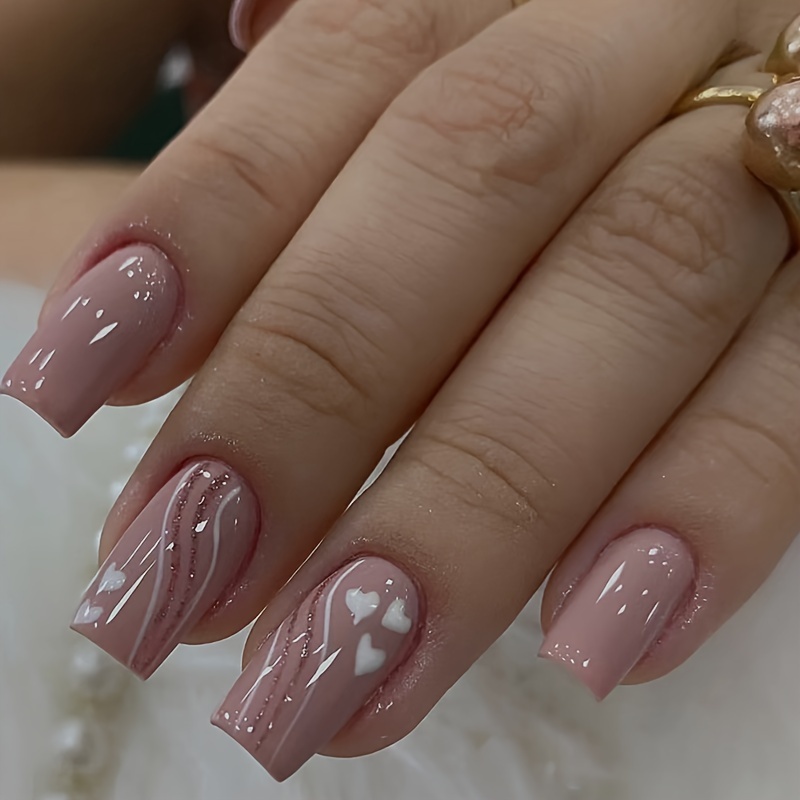 

24-piece Medium Length Tips Set With Heart Patterns And Design, Mixed Nude Pink Tones - Artificial Nail Forms With Nail File & Jelly Glue Included