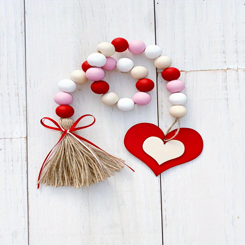 

1pc Style Valentine's Day Wooden Bead Garland With Tassel - Manufactured Wood Hanging Decor For Tiered Tray And Wreath, No Electricity Required