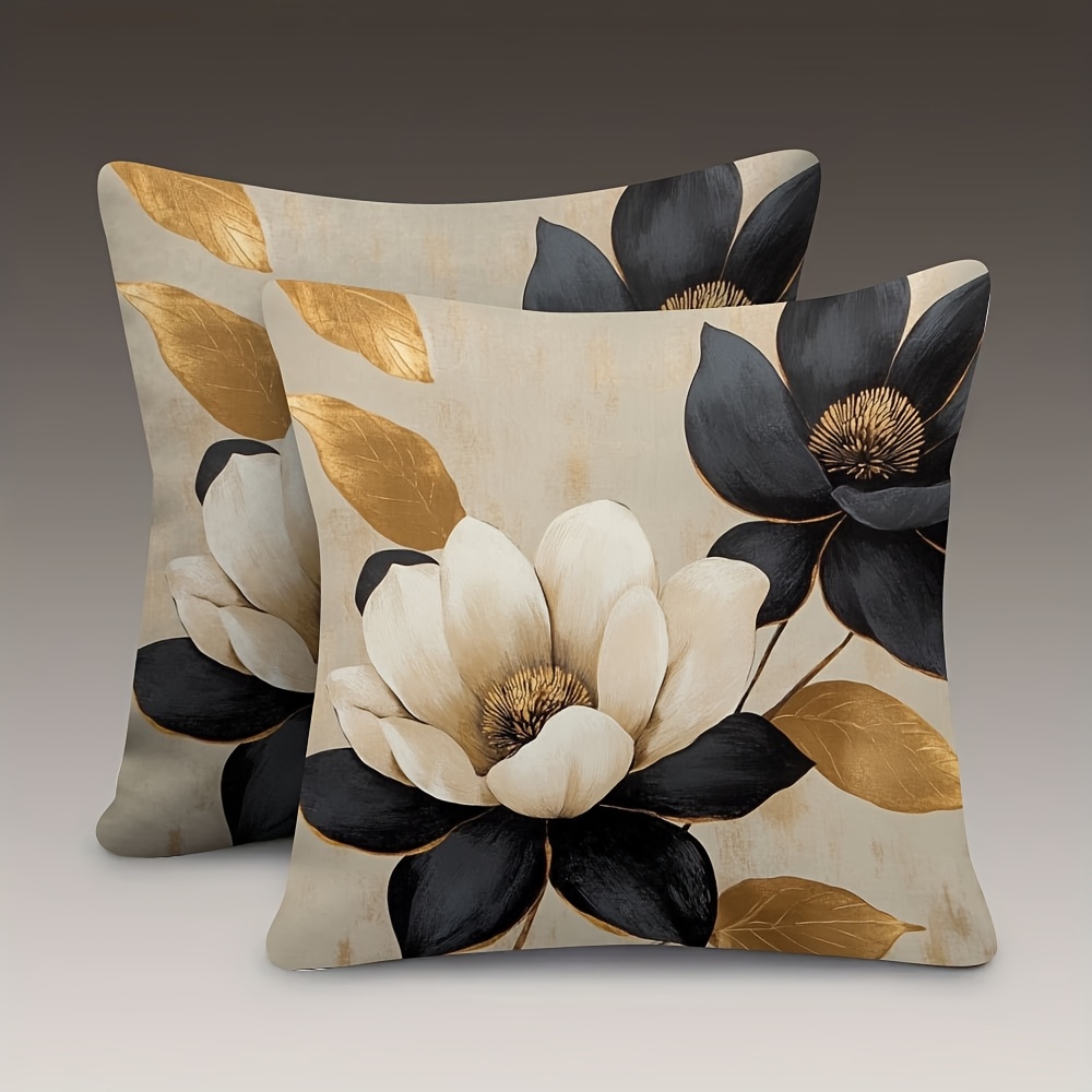 TEMU 2pcs Printed Throw Pillow Covers Beige Background Large Black White Cream Magnolia And Pattern Cases For Sofa Bed Bedroom Car Living Room,