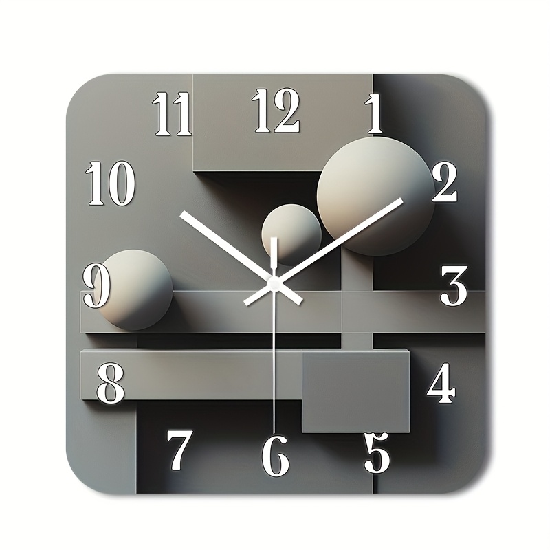 TEMU () 1pc Silent Wall Clock Non-ticking Wooden, Decorative Square Clock Hd Glossy Lamination Finish Abstract Geometric Spheres Design For Foyer,