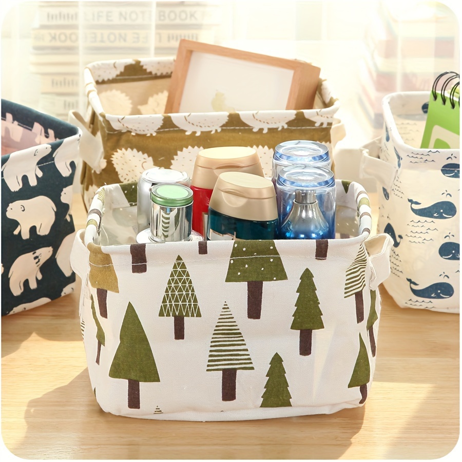 

2pcs Small Fresh Printed Cotton And Linen Waterproof Strap Hand Desktop Storage Box Small Fresh Fabric Storage Basket Miscellaneous Storage Box Sorting Box Miscellaneous Box