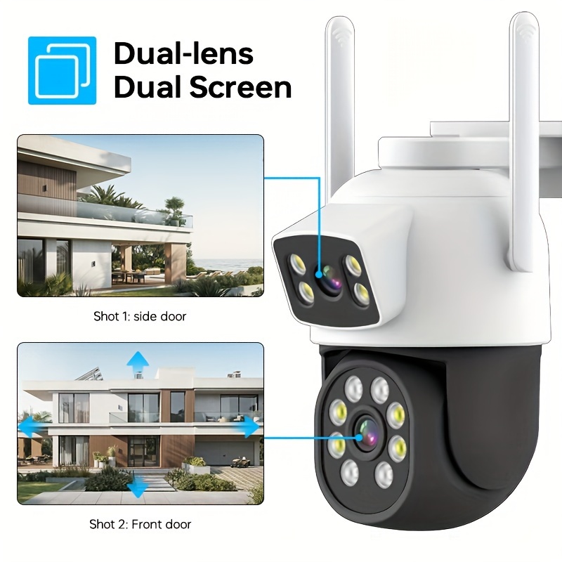 Двойна леща PTZ сигурностна камера 2.4/5G Dual Band WiFi камера, 1920P домашна и външна безжична IP камера, 355° обхват CCTV камера, с детекция на движение и двупосочен аудио, аларма чрез приложение, облачно съхранение (не е включено), приложение за смартфон