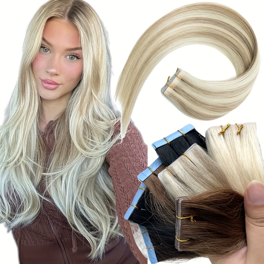 hand tied tape ins human hair extensions pu skin - Temu Canada display picture 2