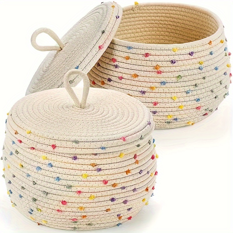 

1pc Hand-woven Cotton Storage Baskets With Lids, Multi-colored, Contemporary Style, Round Home Organizer Containers