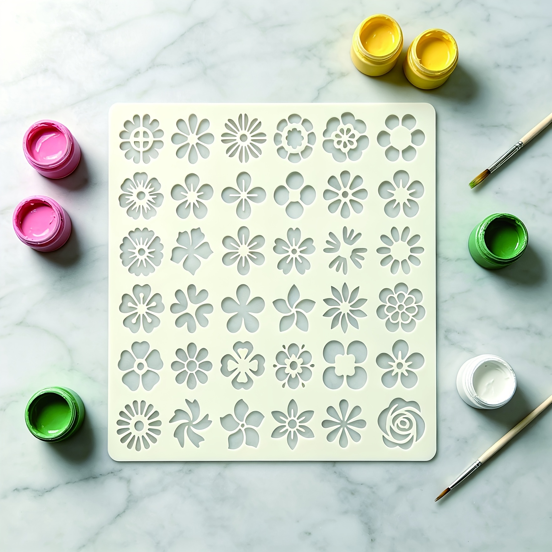 TEMU 1pc Floral Pattern Painting Template, Size 6x6 Inches, Includes Four-petal Flower, Six-petal Flower, Sunflower, Wreath, Rose And Other Floral