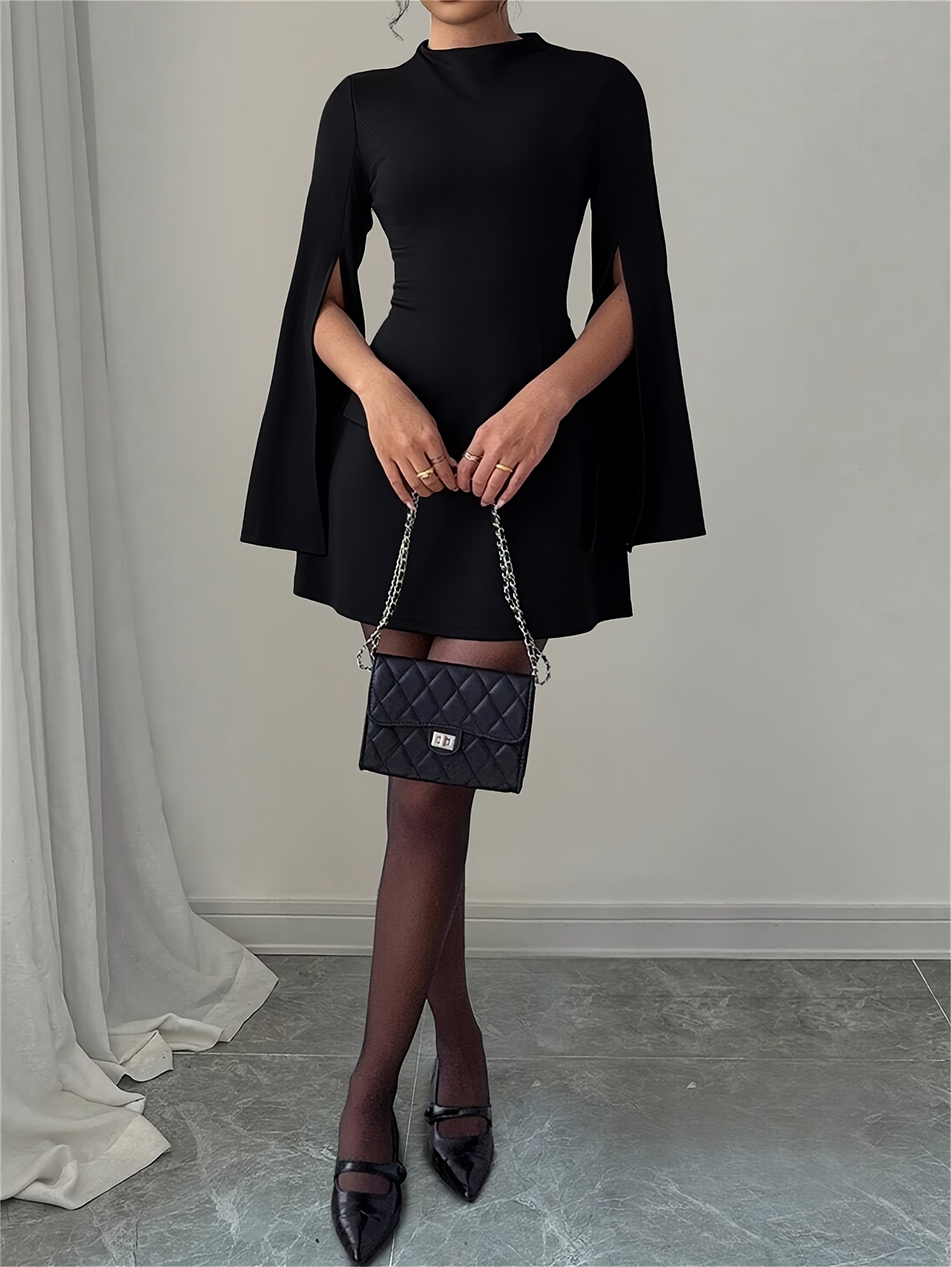 womens elegant black short dress fitted a line short sleeves - Temu Bahrain