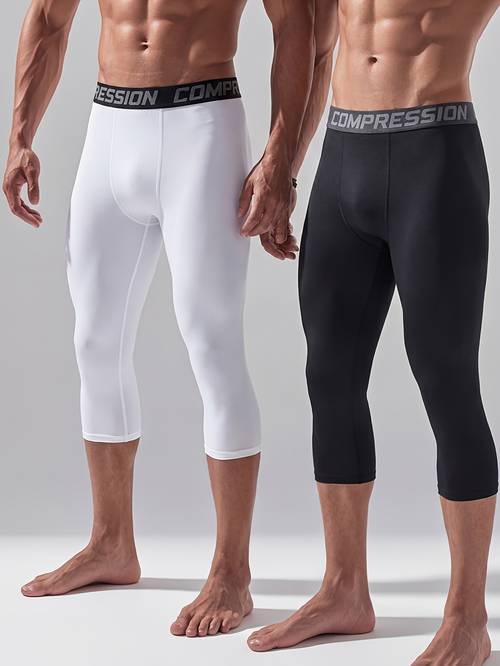 2 pc mens tight sports cropped pants professional compression fitness trousers basketball running training leggings high elastic quick dry competitive sports shorts