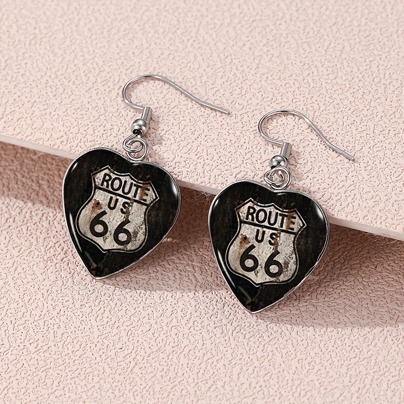 TEMU 1 Paire de Boucles d'Oreilles Pendantes de Cœur avec Panneau Route 66
