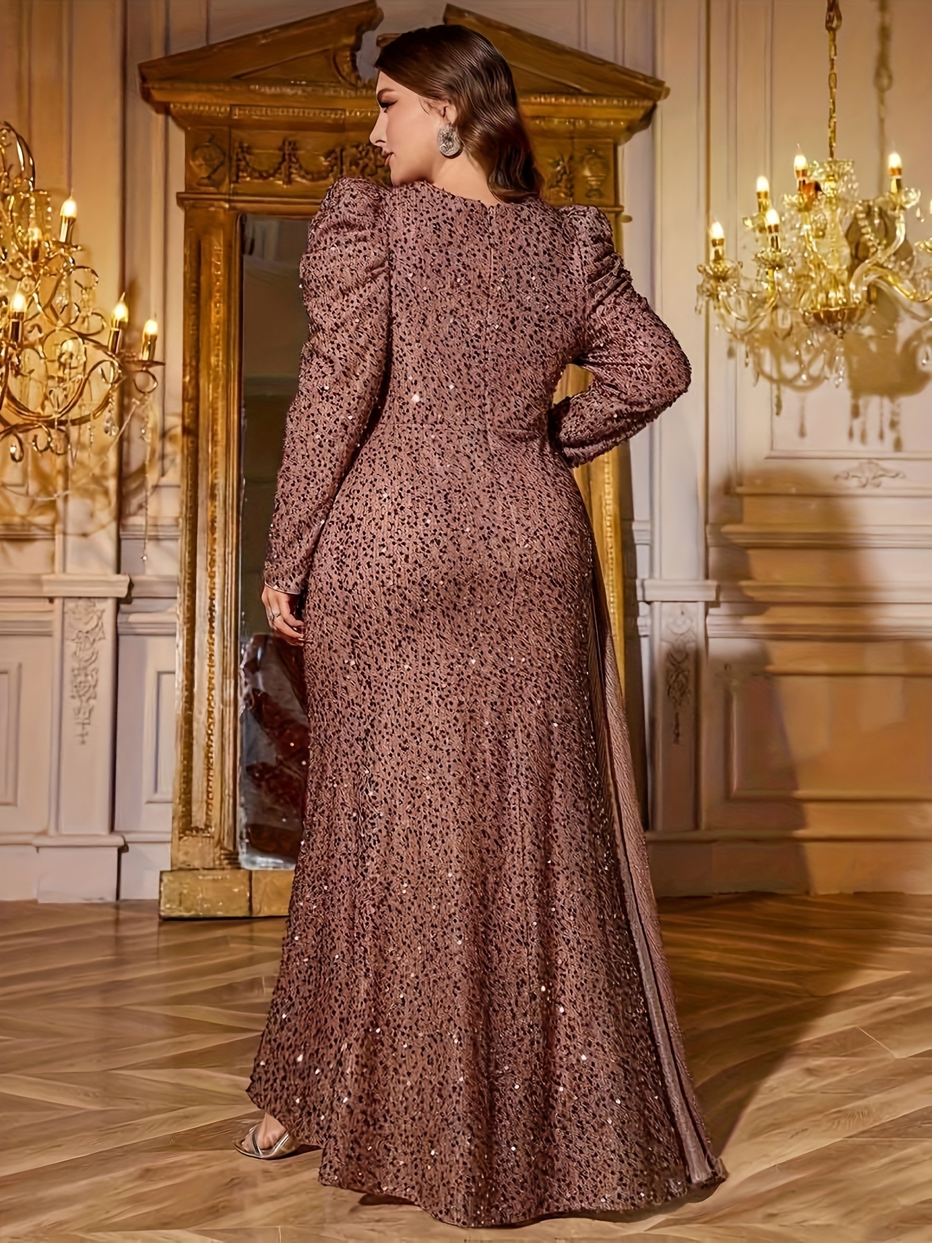 plus size plus size rose golden sequin dress long sleeve - Temu Kuwait