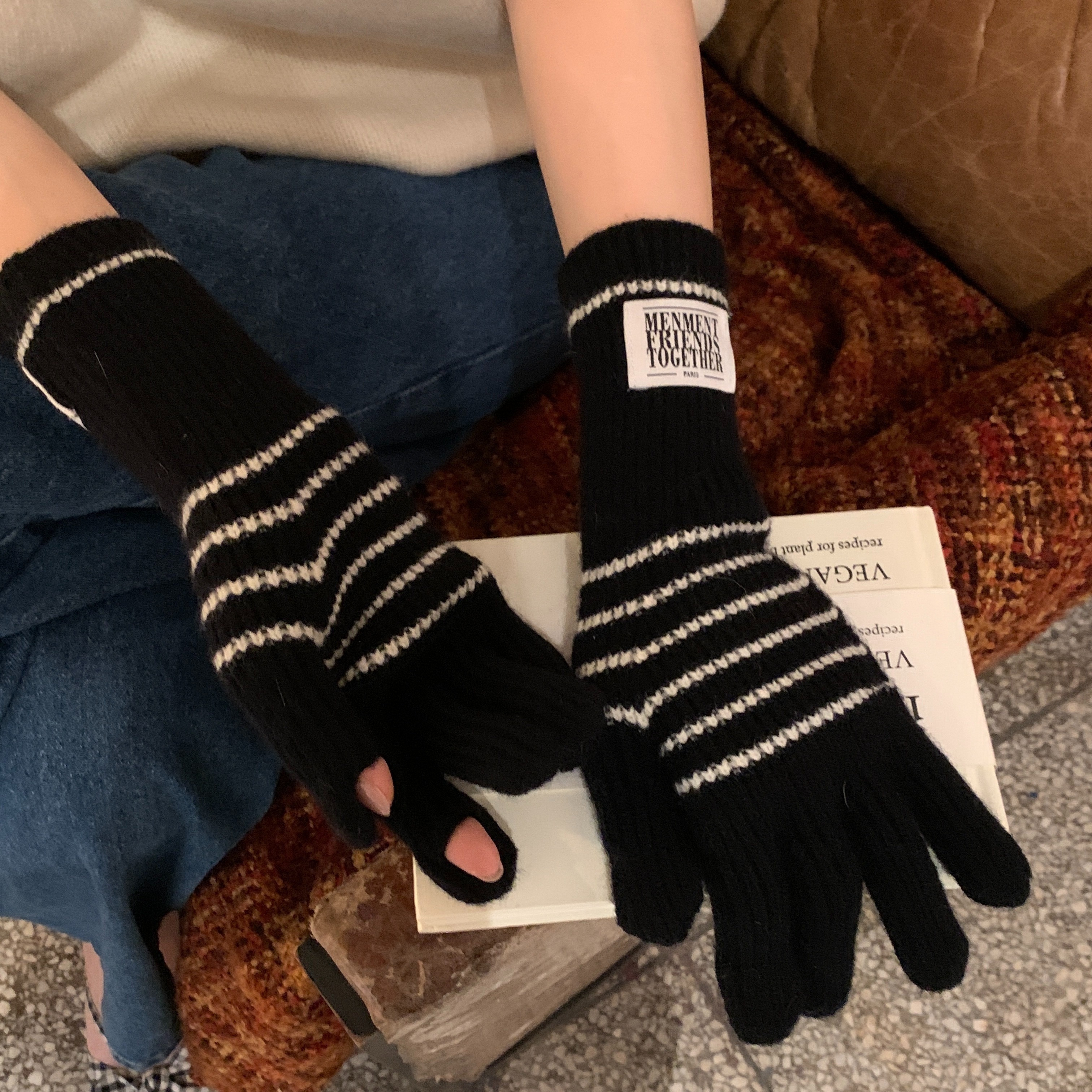 

Striped Lengthened And Thickened Plain Gloves Cute Long Warm Gloves Touch Screen Cycling Warm Gloves