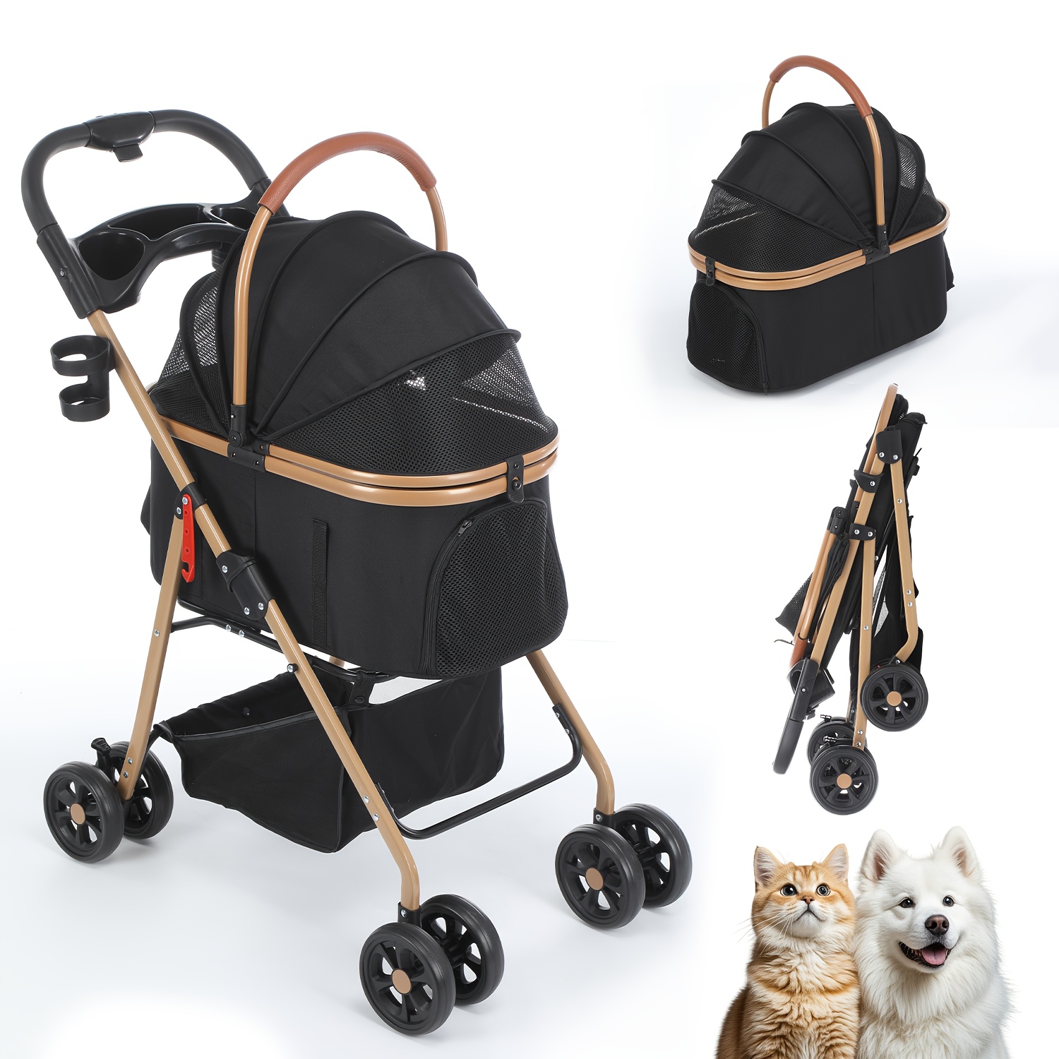 E-shop 3-in-1 Klappbarer Hund & Katzenwagen mit Aufbewahrungskorb, Getränkehalter & 360° Geländerad – Umwandlbarer Tiertransporter, Käfig &