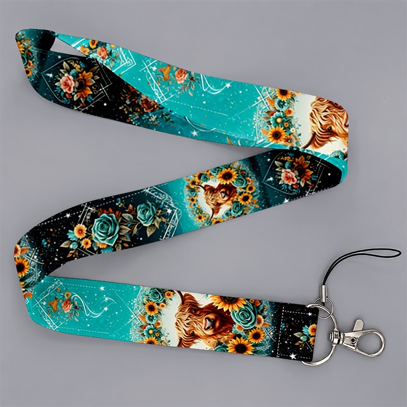TEMU 2d Flat Suitable For Office Workers And Students, Unisex Teal Highland Cow Sunflower Floral Print Lanyard For Phones & Id Badges Retro Ideal For