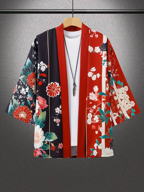 item picture mens loose kimono style shirt with colorful floral prints 3 4 sleeves made of lightweight polyester machine washable summer opening kimono chinese size please check the size guide