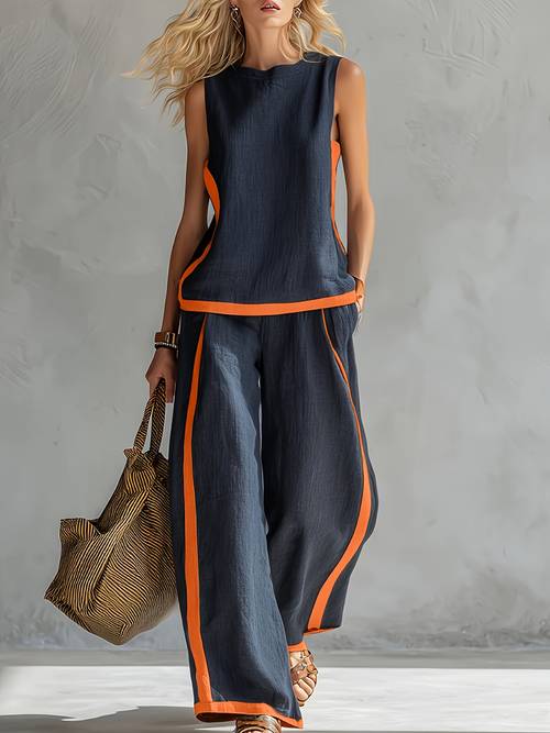 elegant casual 2pcs set sleeveless top pants for women with yellow trim minimalist style for casual commuting