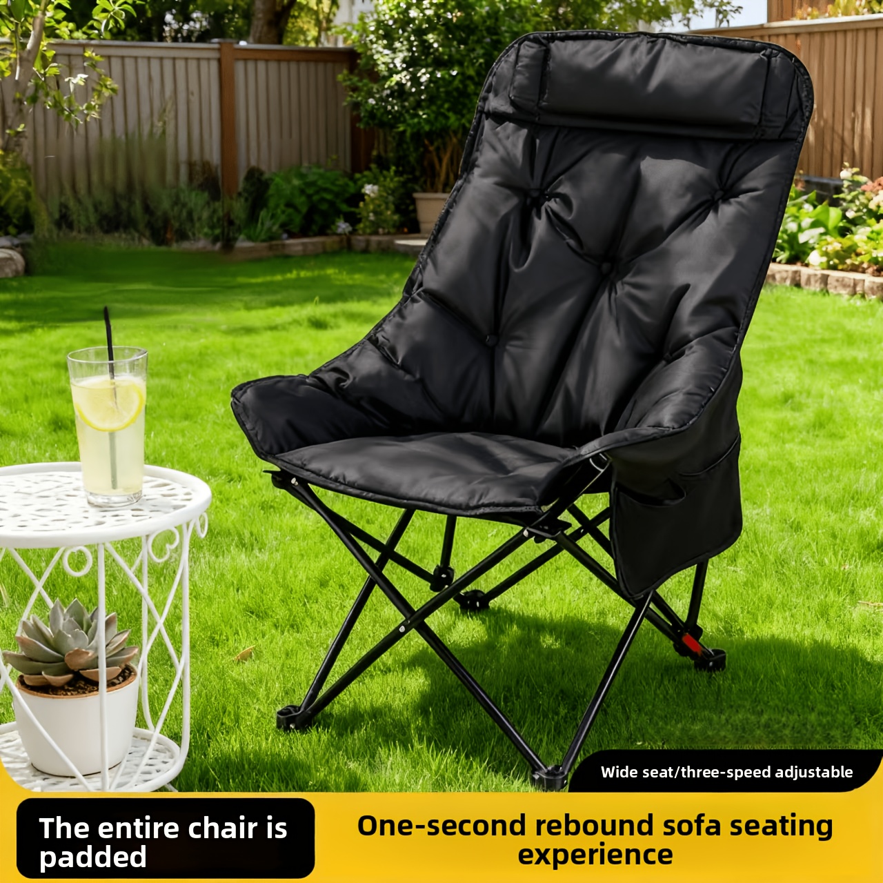 TEMU 1 chaise pliante d'extérieur épaisse - Cadre en acier inoxydable, assise confortable, d'extérieur épais pour le camping et les loisirs, robuste