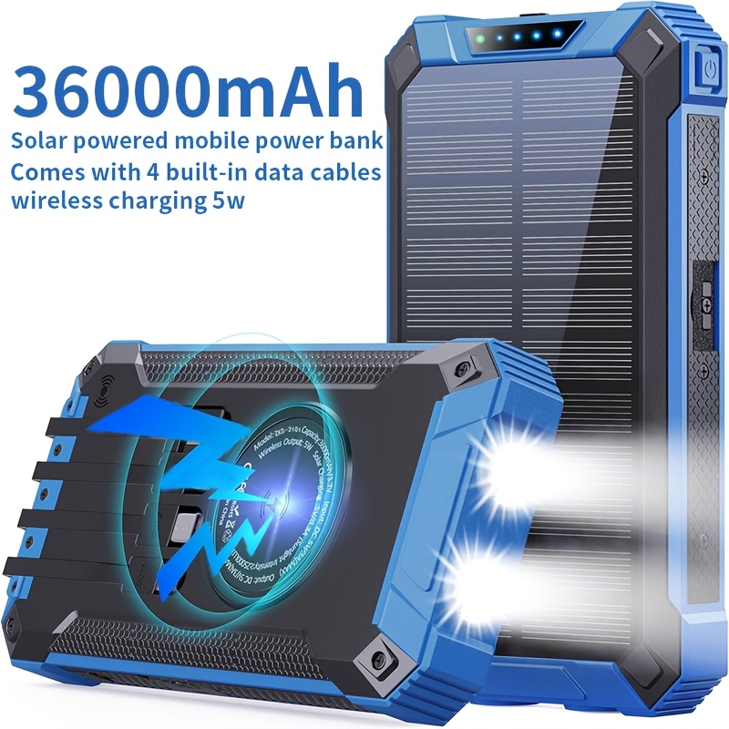 TEMU Portable Solar Power Bank With Led Light - 20000mah/36000mah Rechargeable Lithium Polymer Battery With 2 Usb Charging Ports For Outdoor And