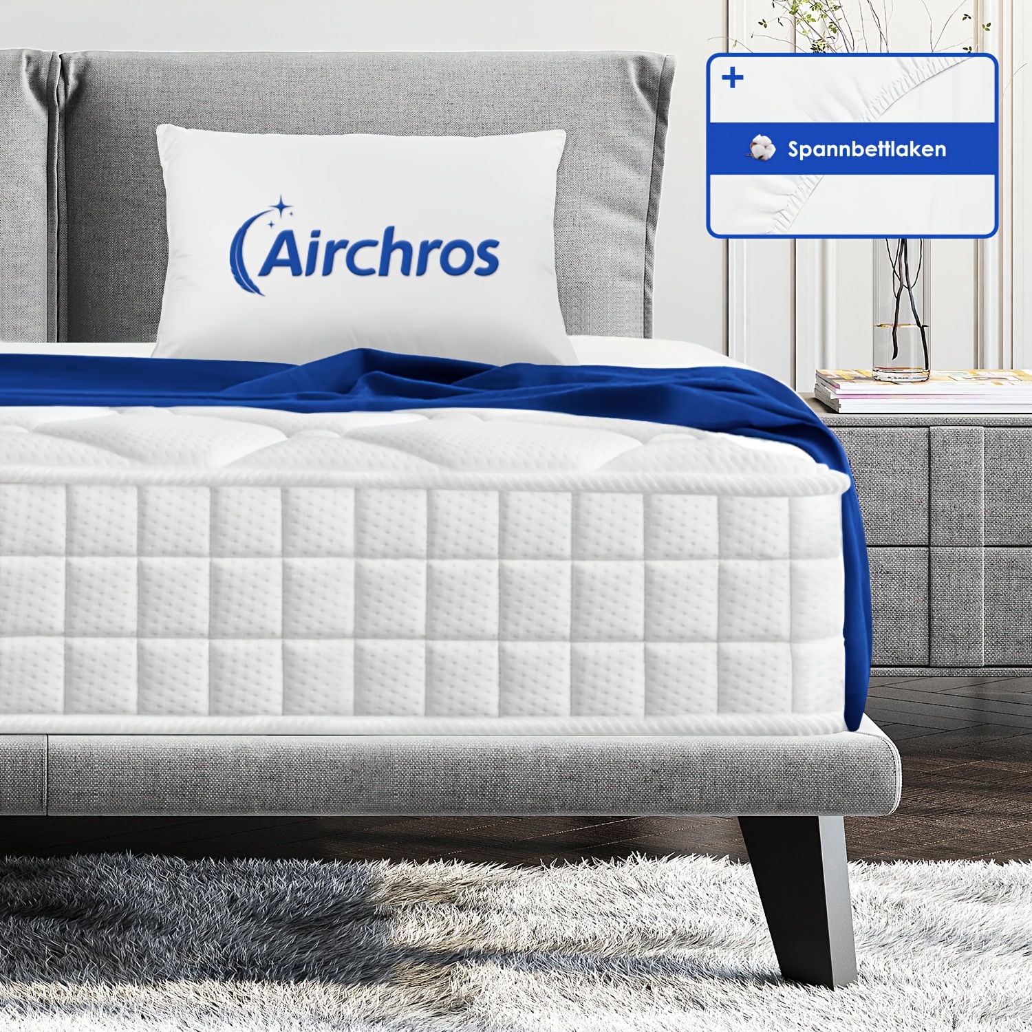 Airchros Mattress 90x200cm, Zone Mattress, Height 22cm, Spring Mattress With Fitted Sheet