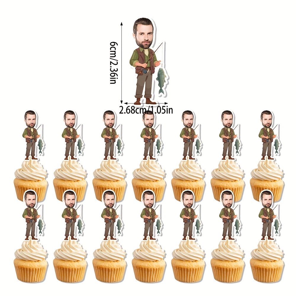 Image of 6/12/18-pcs Personalized Photo Fisherman Cake Toppers, Custom Fisherman Face Cupcake Toppers, Fishing Birthday Party Decorations, Fishing Theme Party Supplies, Dad Fishing Rod Fishing Enthusiast Gift