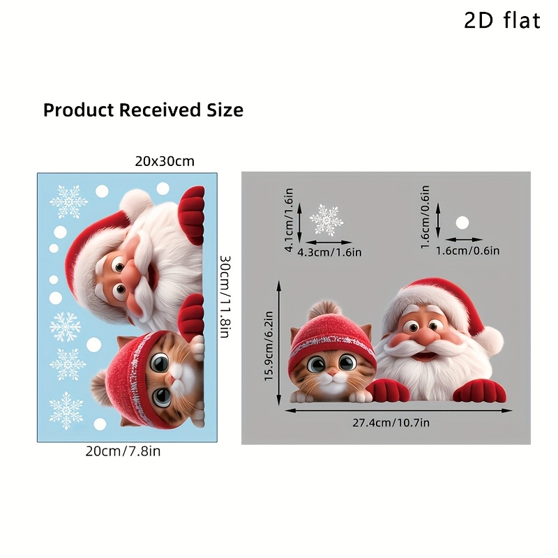 TEMU Autocollant de décoration de fenêtre de Noël plat 2D, 1 pièce, combinaison Père Noël et chat , autocollant en PVC, avec de de neige et de ,