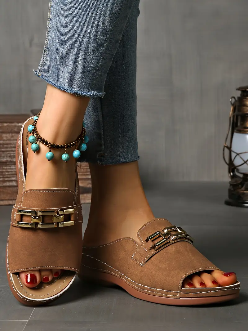 womens wedge sandals with metallic chain design casual open toe slip on platform shoes beige cover summer for versatile footwear stylish sandals cover sandals Product details 5