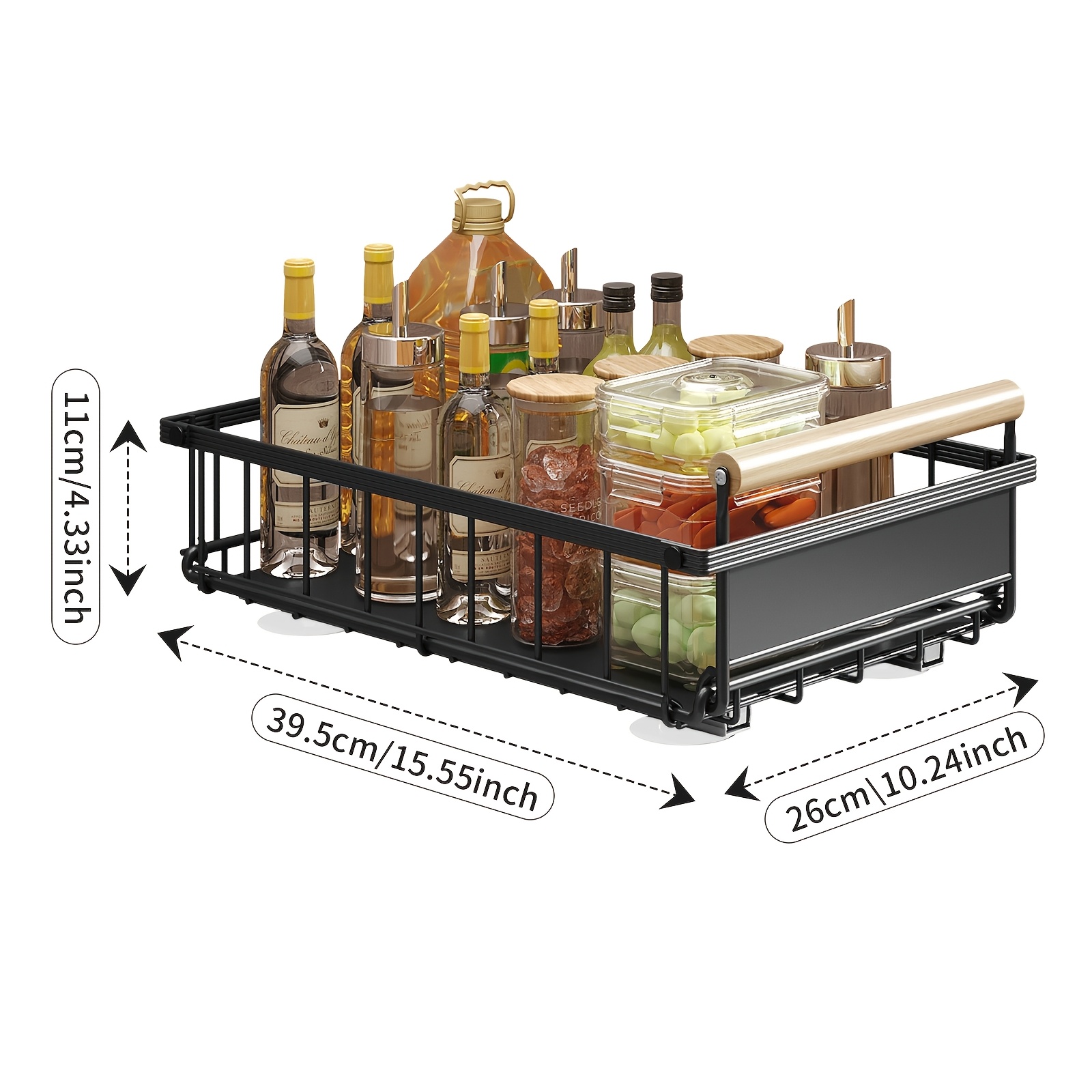 TEMU Pull-out Storage Rack, Pull-out Basket For Kitchen Cabinets, Under-sink Storage Rack, Foldable, No Drilling Required, Spice Rack, Stable,