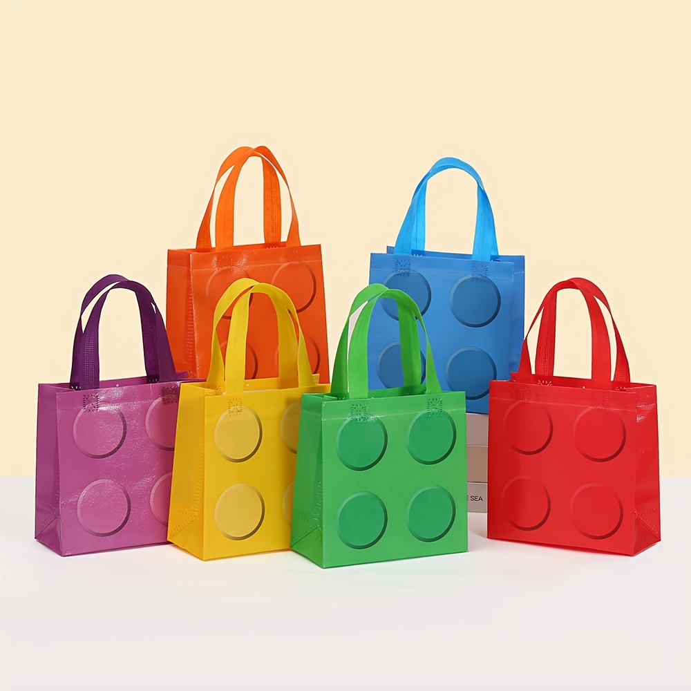 

12-pack Assorted Non-woven Tote Bags, Building Blocks Theme, Waterproof Gift Bags For Birthday Party, Handheld Decorative Bags For Packaging And Gifting