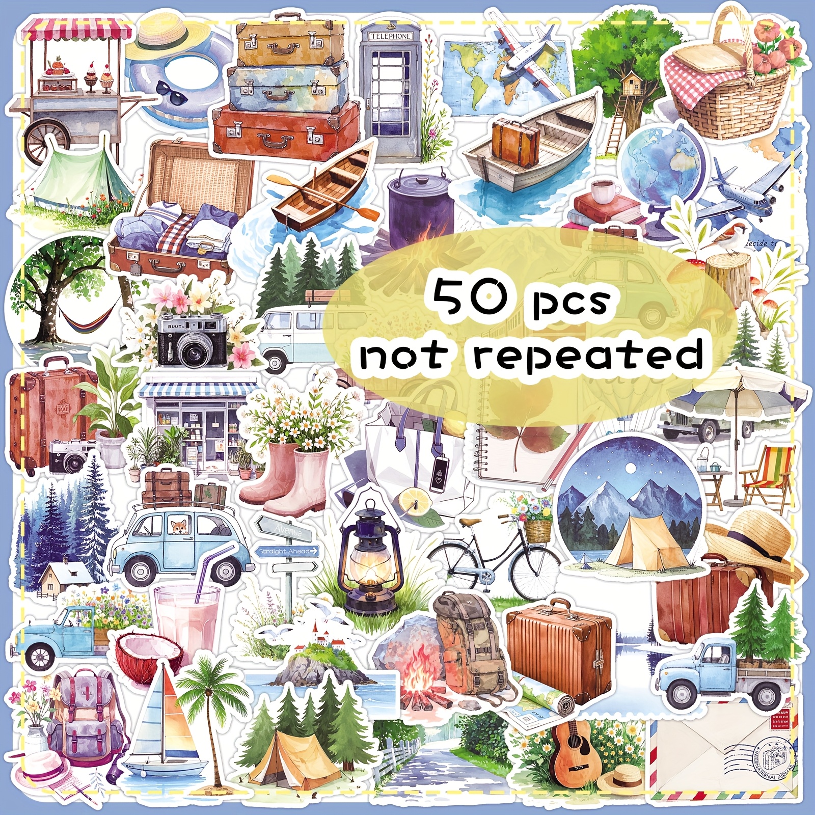 50 Camping Travel Cartoon Painted Stickers Decorate Luggage Cups, Notebooks, Desktop Stickers