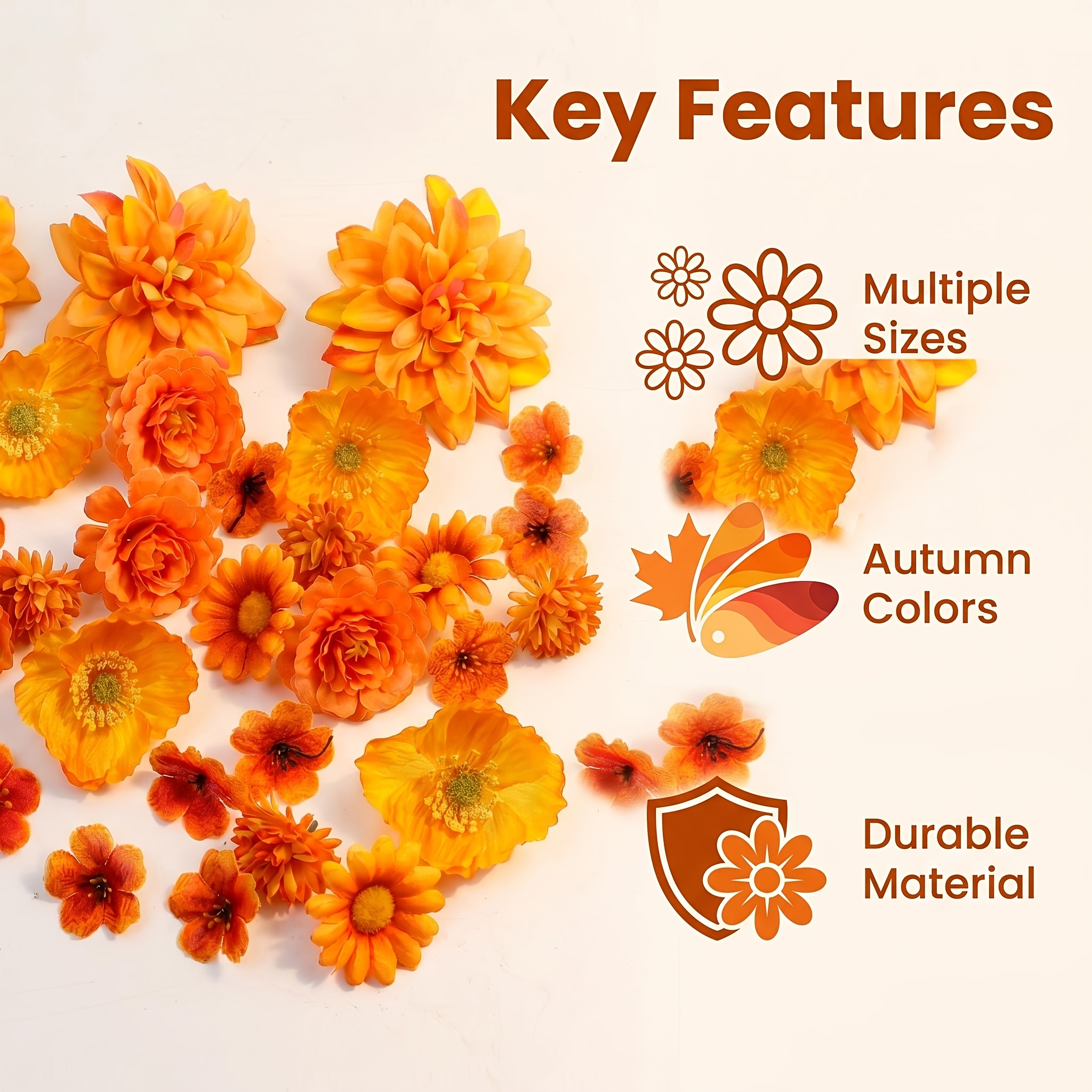 TEMU 60 pièces Têtes de Fleurs d'Automne Artificielles Réalistes pour Bricolage, 6 Styles de Fleurs avec Fausses Fleurs Oranges et Jaunes, Tailles
