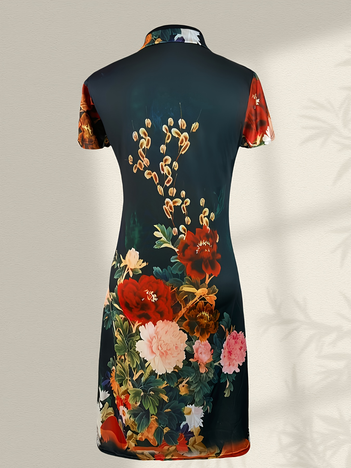 Women's Vintage Chinese Cheongsam Print Dress – Short Sleeve, Side Slit, Loose Mini Dress, Retro Style
