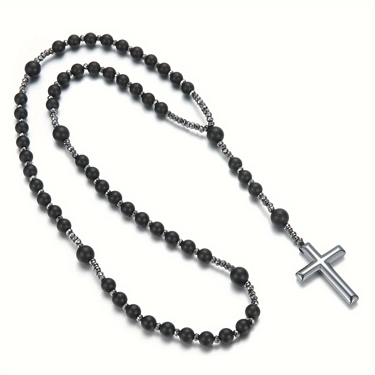 8mm Natural Stone Beads Cross Pendant Necklace