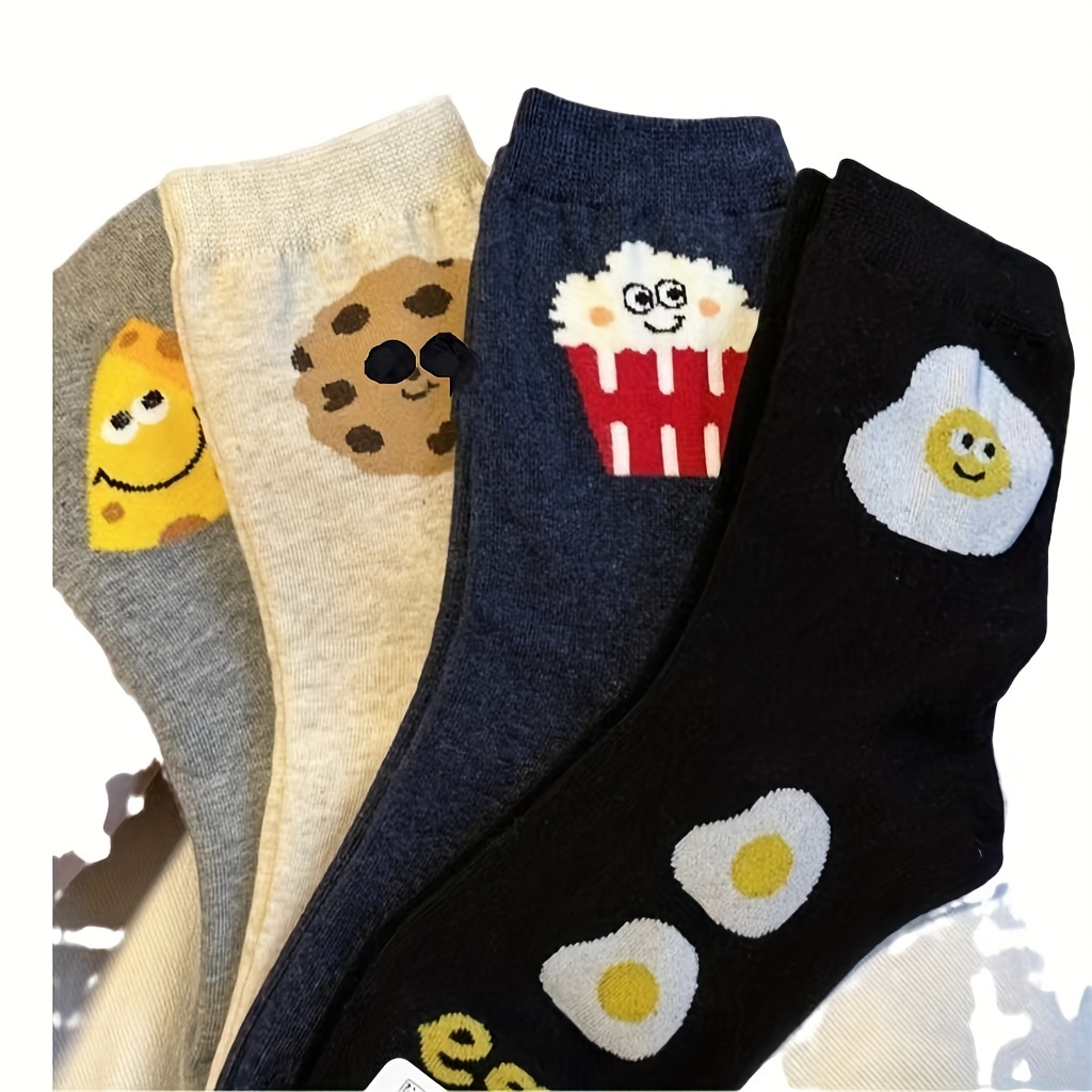 

Cartoon Socks Set: 4 Pairs Of Cute Socks Featuring Donuts, Pizza, And More - Fall And Winter - Soft Polyester And Spandex - Machine Washable And Dry