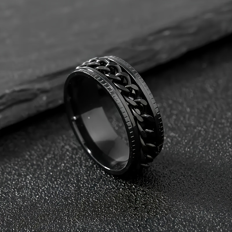 

1pc Bague Hip Hop pour Homme en Acier Inoxydable Noir Élégante - Design de Chaîne avec de Feuilles en Relief, & Stylée