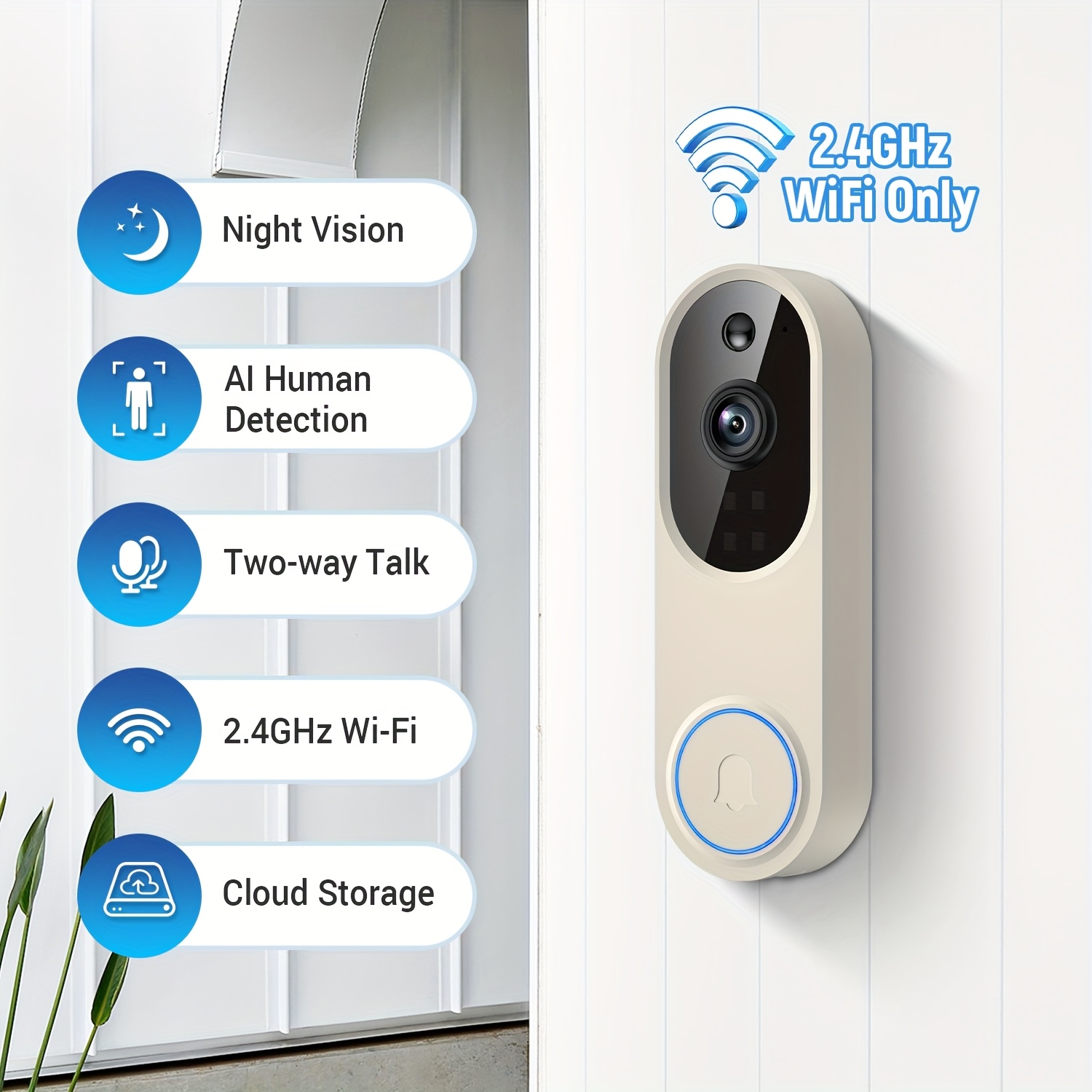 TEMU Sonnette Vidéo avec Audio Bidirectionnel, Vision , de Mouvement, Sonnette WiFi 2.4G uniquement, Vidéo en , Caméra de Sécurité Domestique,