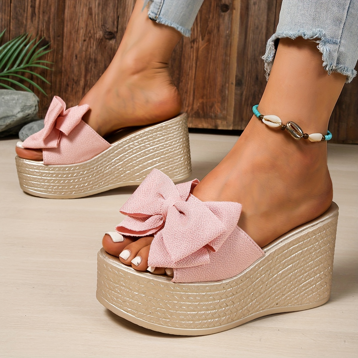 Women's Summer Bow Accent Slip-On Wedge Sandals - White & Burgundy Thick Cushioned Sole, Breathable Fabric Upper & Synthetic Cover Lining for Casual Outdoor Comfort, Casual Sandals | Bow Embellished Sandals | Rubber Sole Sandals