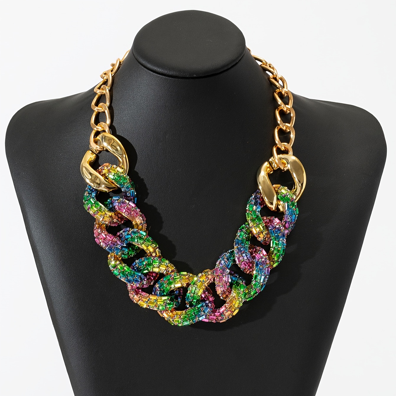 

Bohemian Style Colorful Chunky Hip-hop Punk Rhinestone Chain Necklace And Earrings Set, Fashion Statement Jewelry For Boho Vacation Look